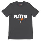 f111 merch dark-grey color t-shirt with oscar-piastri branding.