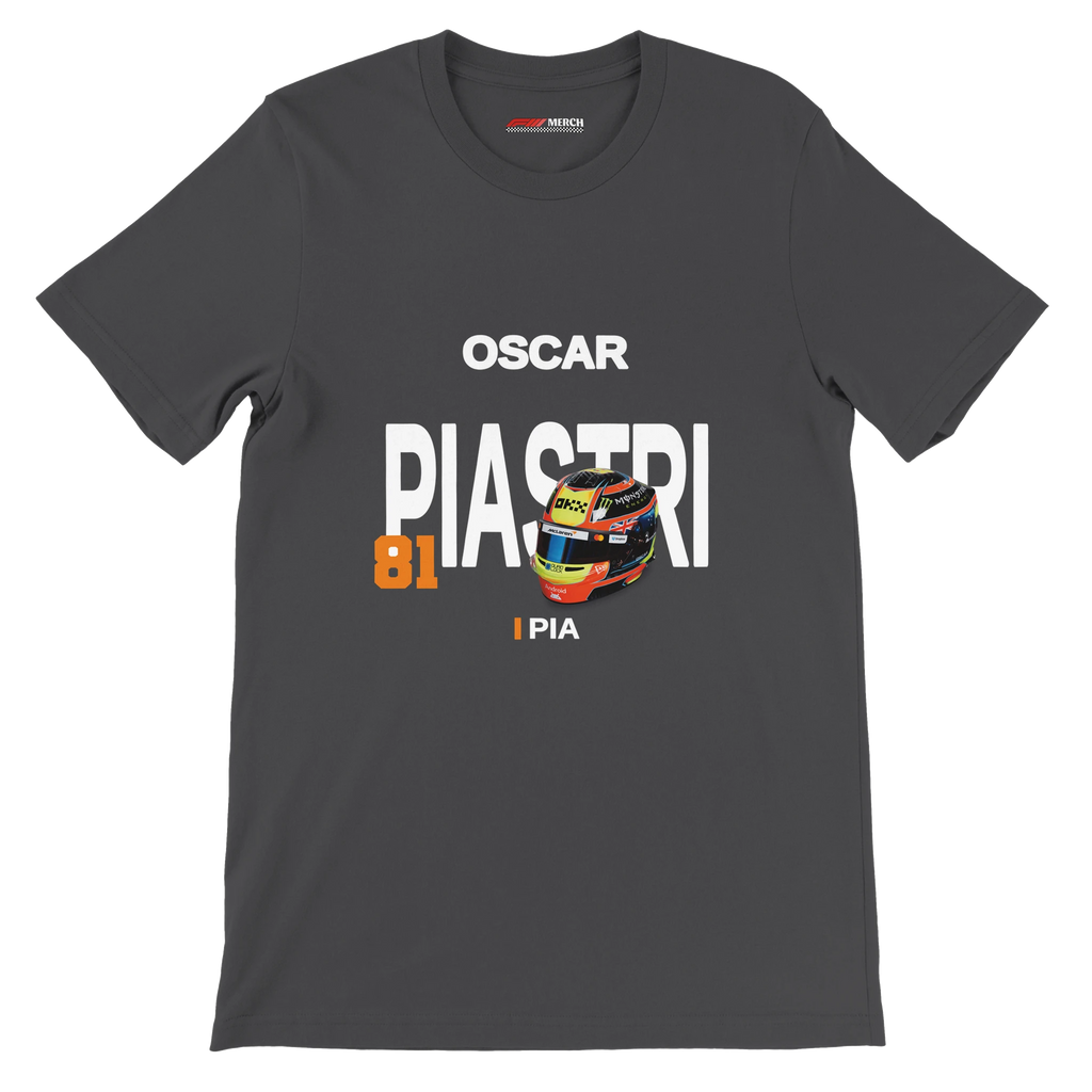 f111 merch dark-grey color t-shirt with piastri branding.