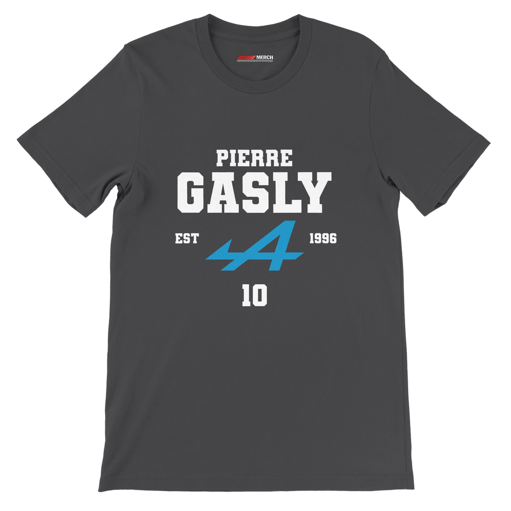 f111 merch dark-grey color t-shirt with pierre-gasly branding.