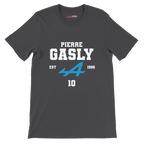 f111 merch dark-grey color t-shirt with pierre-gasly branding.