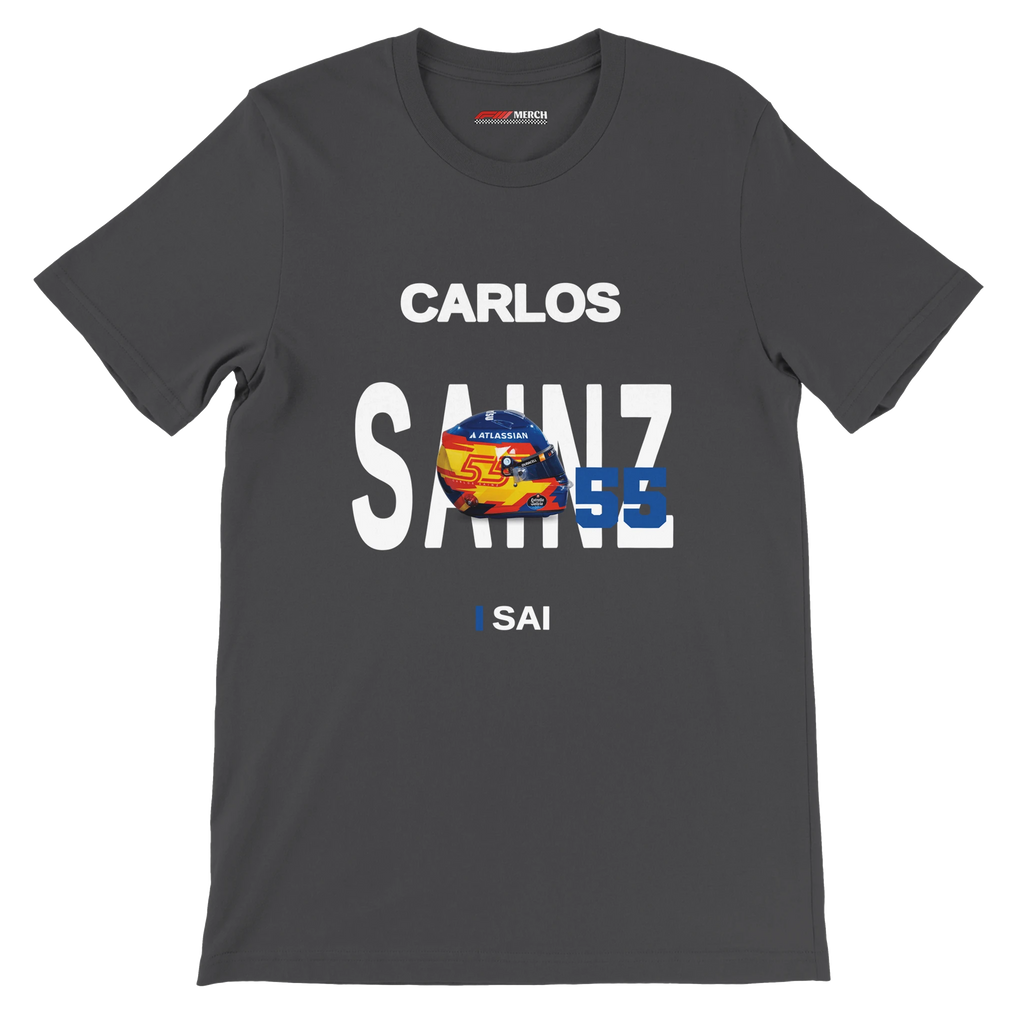 f111 merch dark-grey color t-shirt with sainz branding.