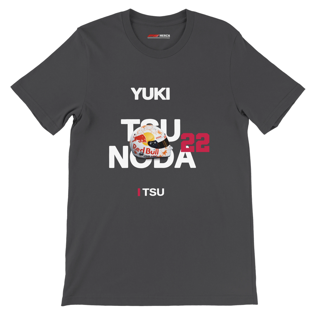 f111 merch dark-grey color t-shirt with tsunoda branding.