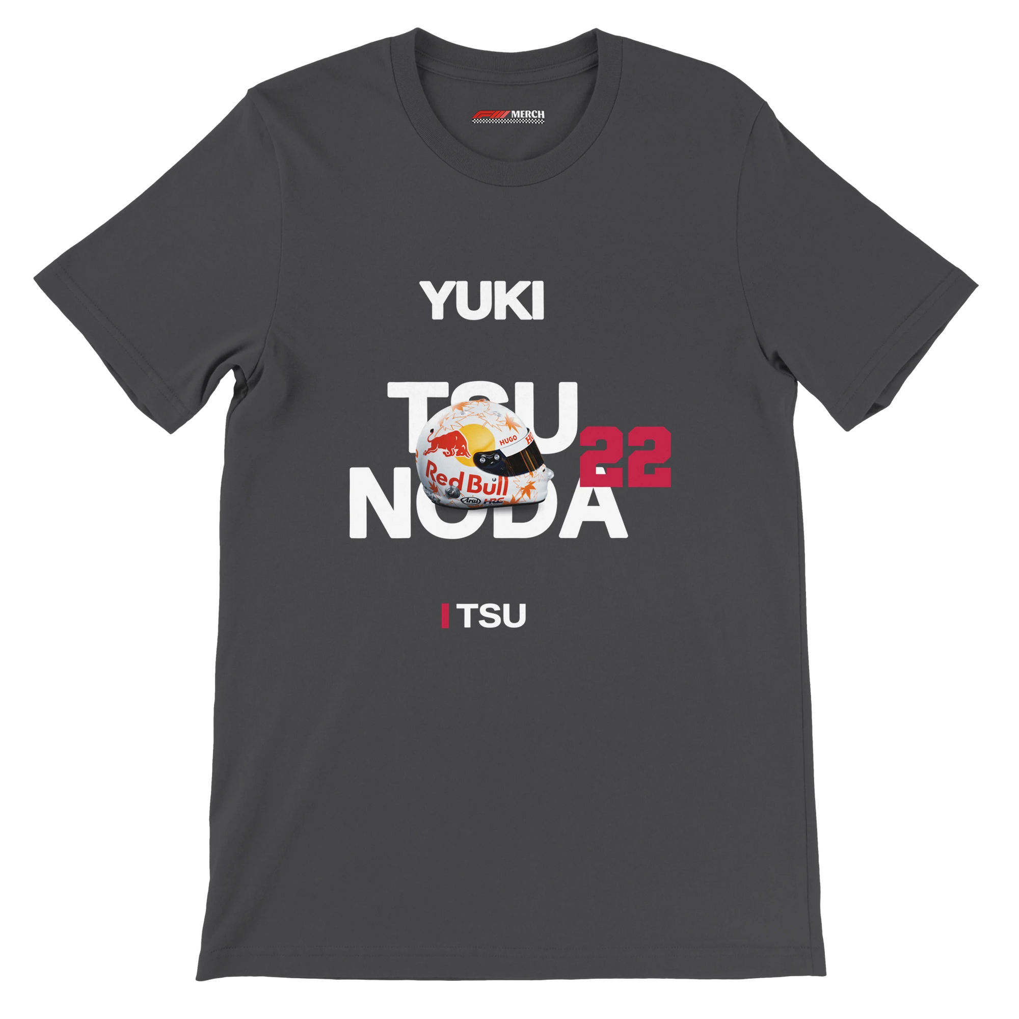 f111 merch dark-grey color t-shirt with tsunoda branding.