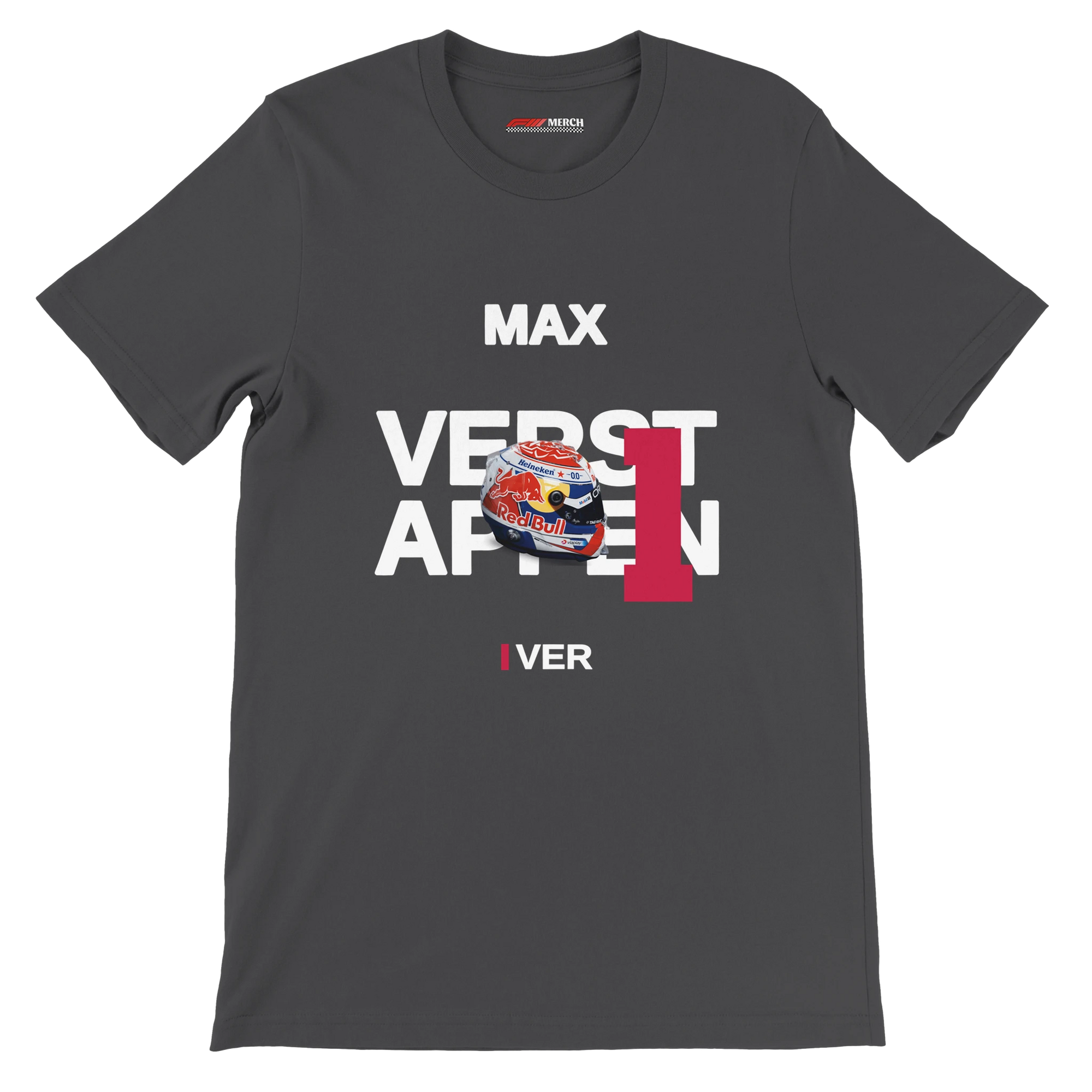 f111 merch dark-grey color t-shirt with verstappen branding.