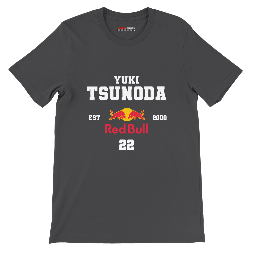 f111 merch dark-grey color t-shirt with yuki-tsunoda branding.