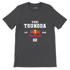 f111 merch dark-grey color t-shirt with yuki-tsunoda branding.