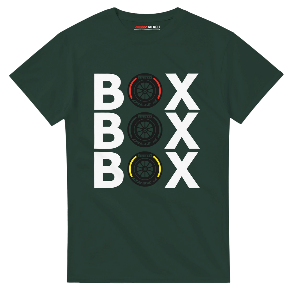 f111 merch forest-green color t-shirt with box-box-box branding.