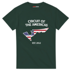 f111 merch forest-green color t-shirt with circuit-of-the-americas branding.