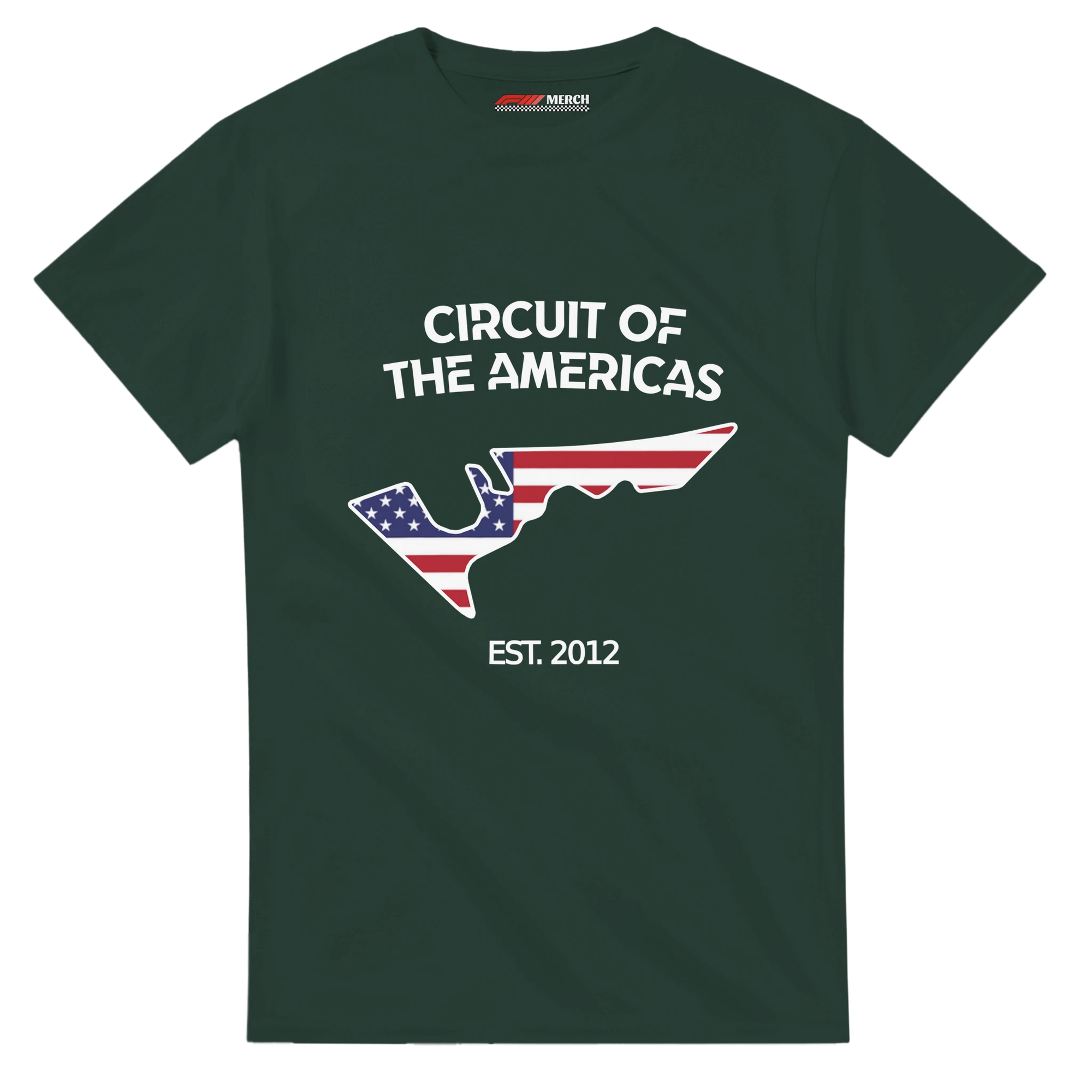 f111 merch forest-green color t-shirt with circuit-of-the-americas branding.