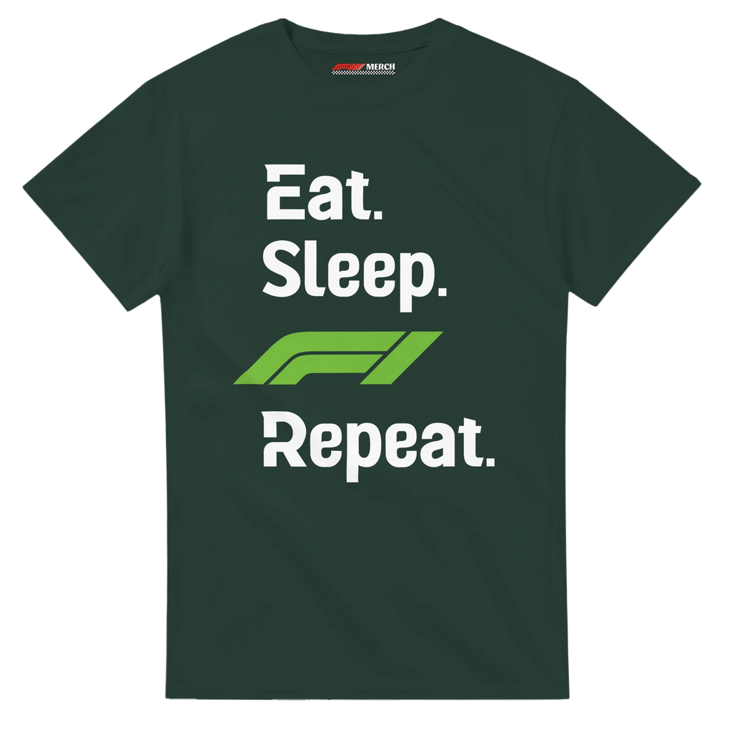 f111 merch forest-green color t-shirt with eat-sleep-f1-repeat-green branding.
