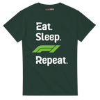 f111 merch forest-green color t-shirt with eat-sleep-f1-repeat-green branding.
