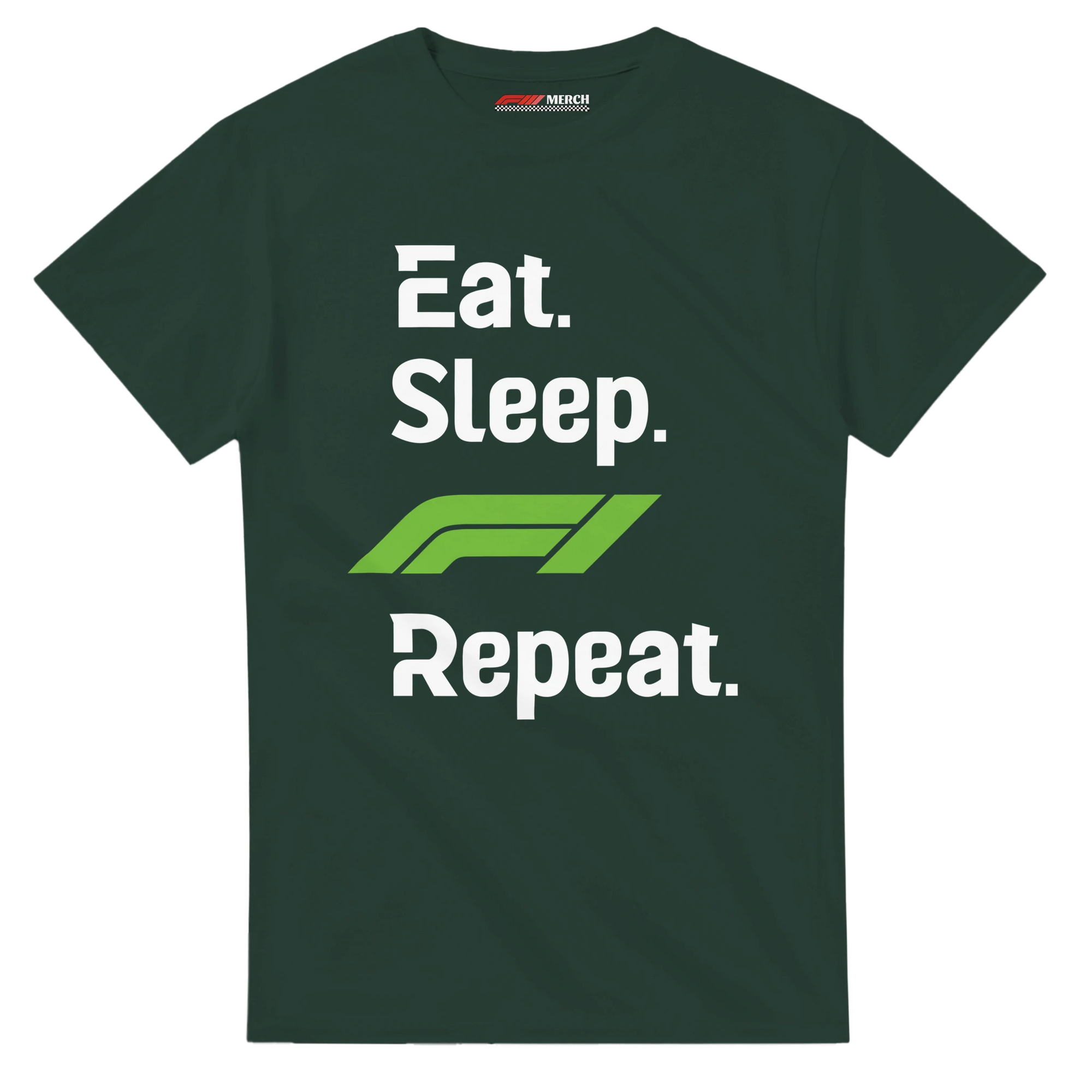 f111 merch forest-green color t-shirt with eat-sleep-f1-repeat-green branding.