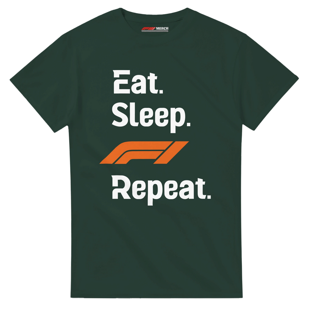 f111 merch forest-green color t-shirt with eat-sleep-f1-repeat-orange branding.