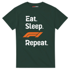 f111 merch forest-green color t-shirt with eat-sleep-f1-repeat-orange branding.