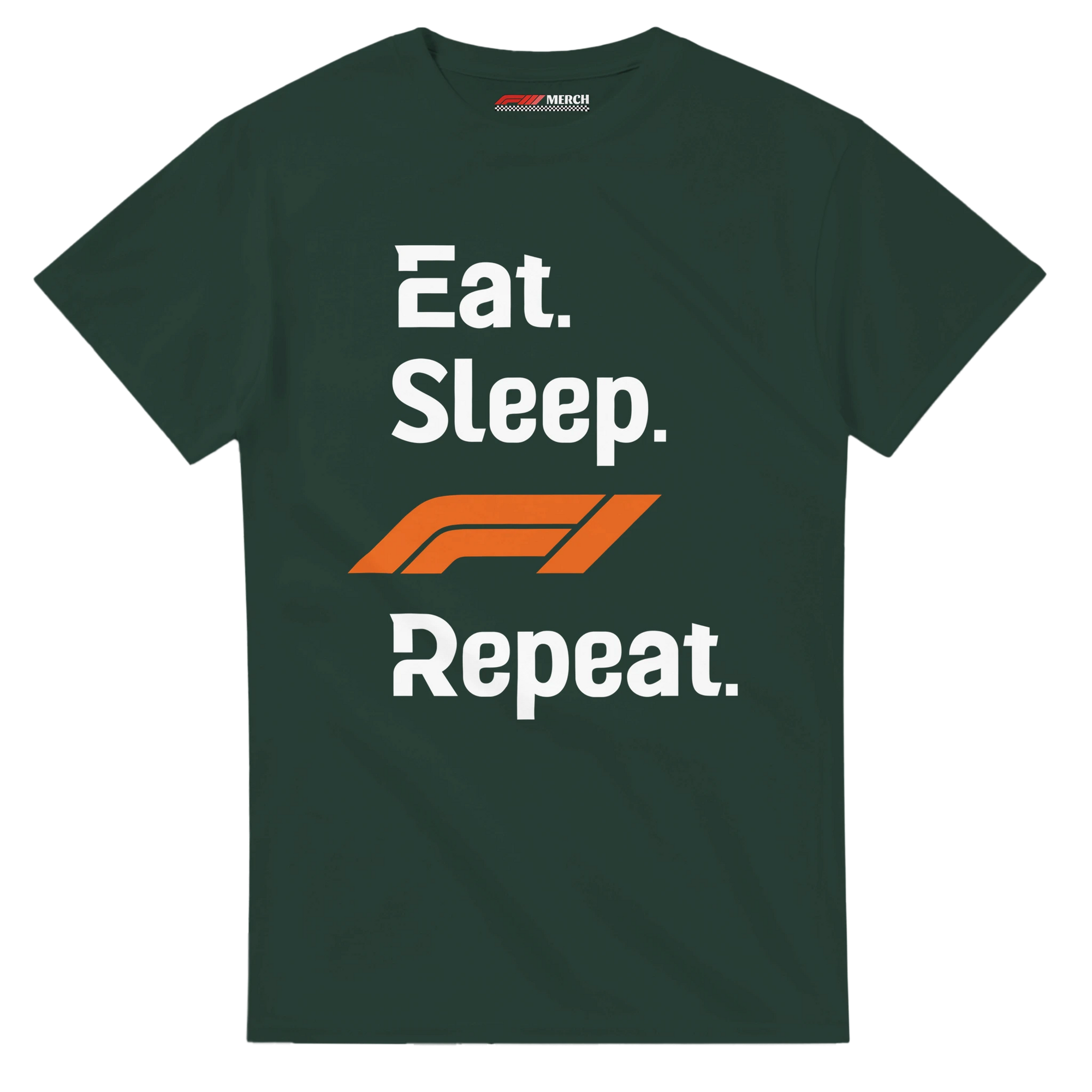 f111 merch forest-green color t-shirt with eat-sleep-f1-repeat-orange branding.