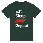 f111 merch forest-green color t-shirt with eat-sleep-f1-repeat-red branding.