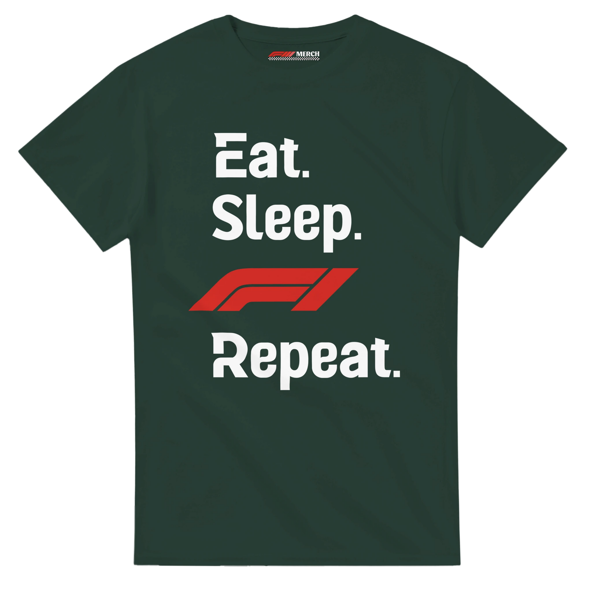f111 merch forest-green color t-shirt with eat-sleep-f1-repeat-red branding.