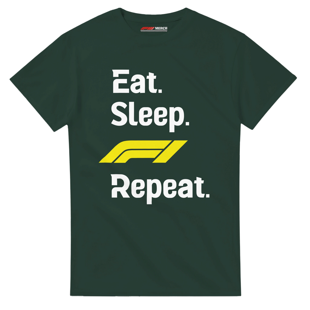 f111 merch forest-green color t-shirt with eat-sleep-f1-repeat-yellow branding.