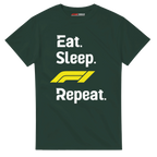 f111 merch forest-green color t-shirt with eat-sleep-f1-repeat-yellow branding.