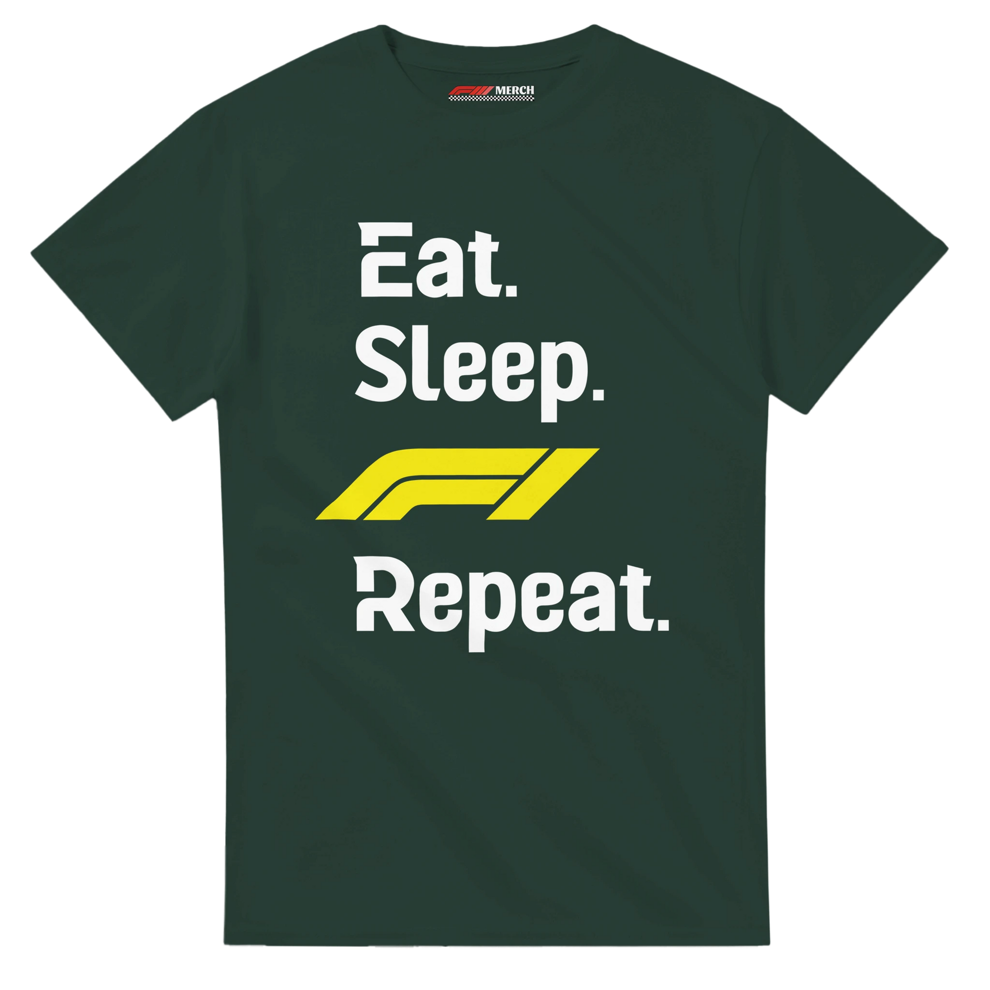 f111 merch forest-green color t-shirt with eat-sleep-f1-repeat-yellow branding.