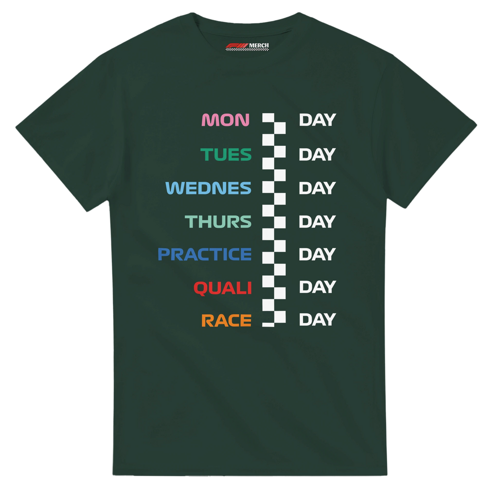 f111 merch forest-green color t-shirt with race_week branding.