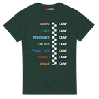 f111 merch forest-green color t-shirt with race_week branding.