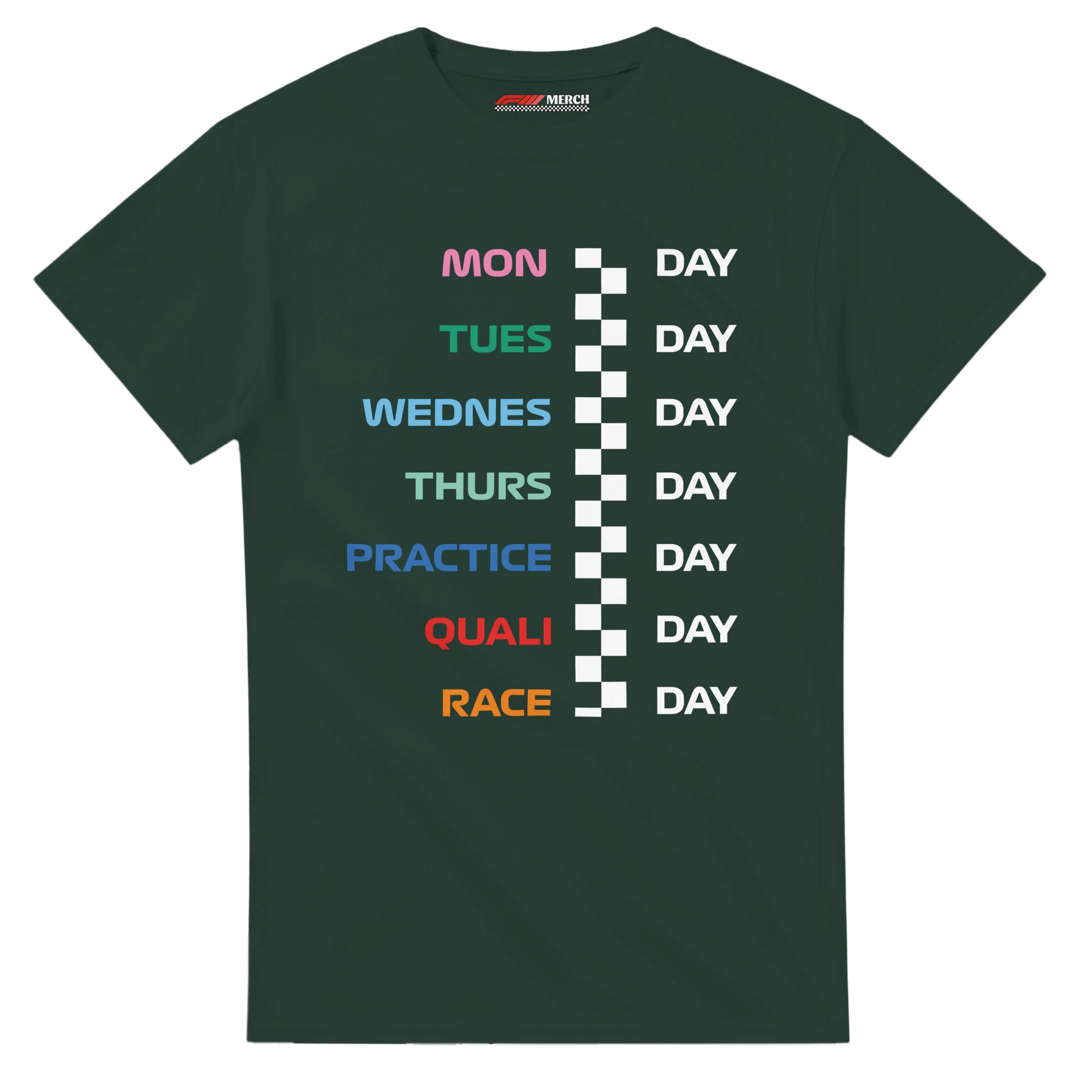 f111 merch forest-green color t-shirt with race_week branding.