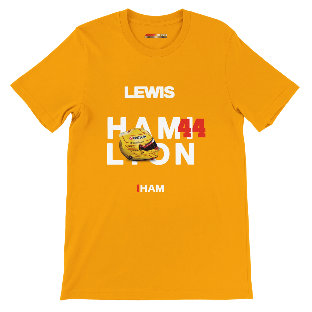 f111 merch gold color t-shirt with hamilton branding.