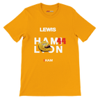 f111 merch gold color t-shirt with hamilton branding.