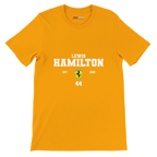 f111 merch gold color t-shirt with lewis-hamilton branding.
