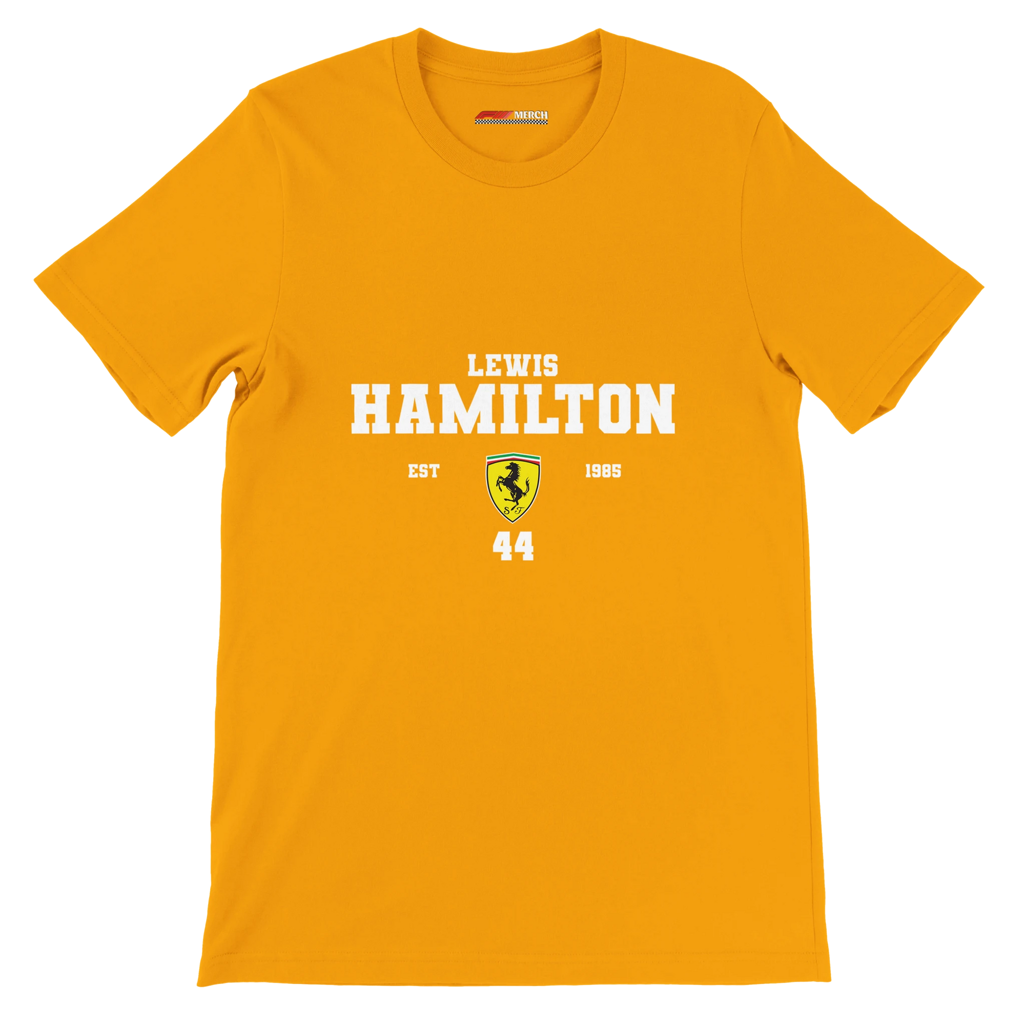 f111 merch gold color t-shirt with lewis-hamilton branding.