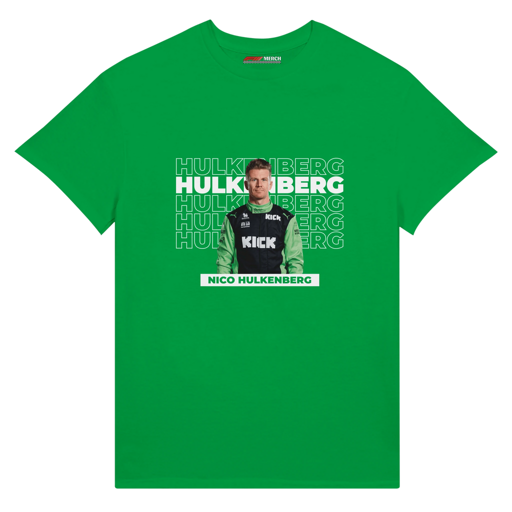 f111 merch irish-green color t-shirt with hulkenberg branding.