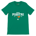 f111 merch irish-green color t-shirt with oscar-piastri branding.
