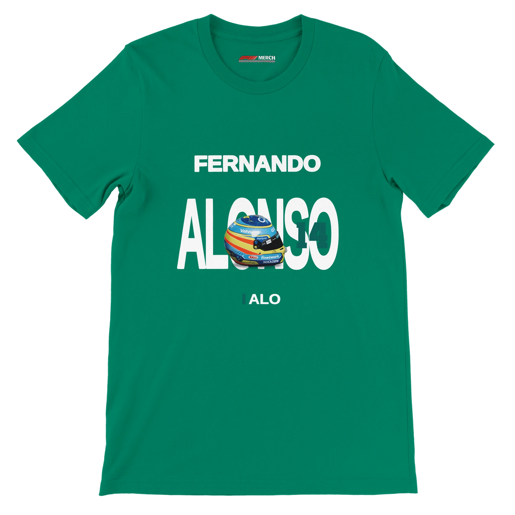 f111 merch kelly color t-shirt with alonso branding.