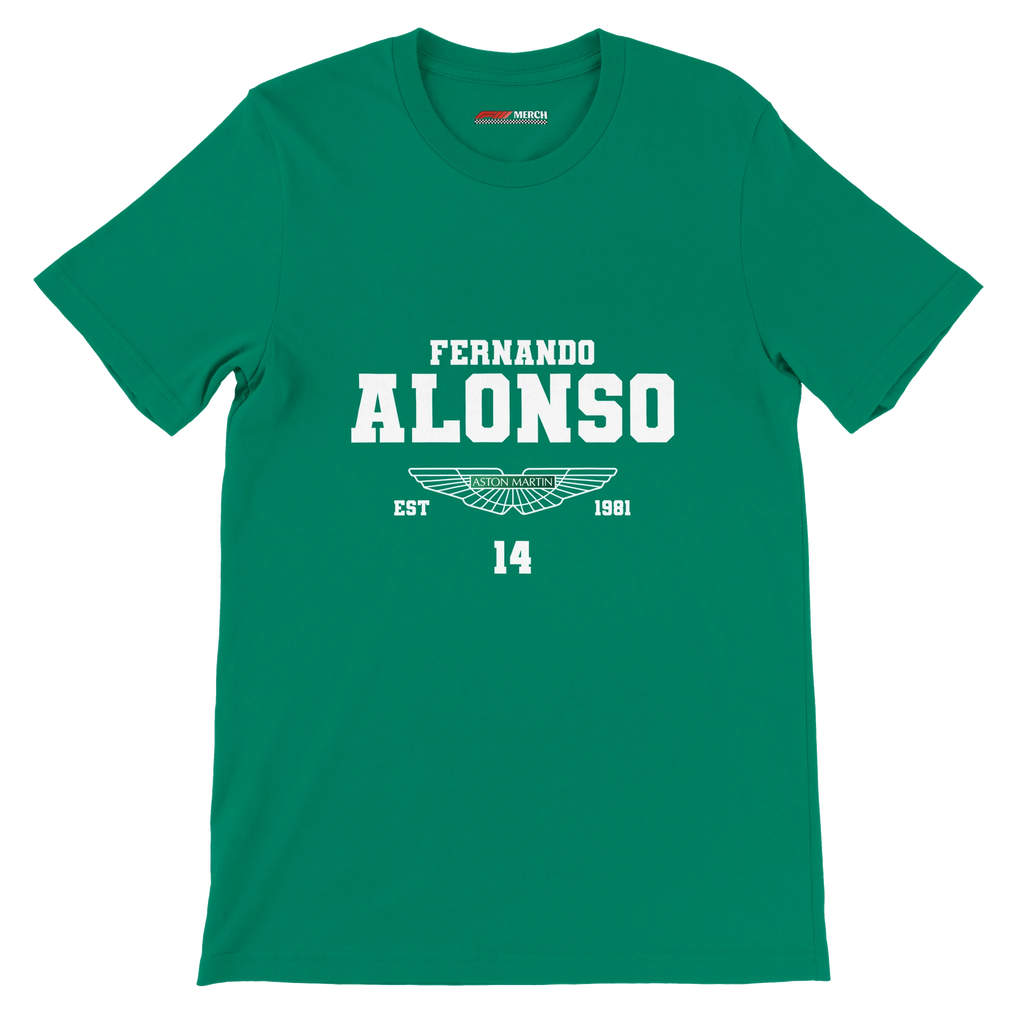 f111 merch kelly color t-shirt with fernando-alonso branding.