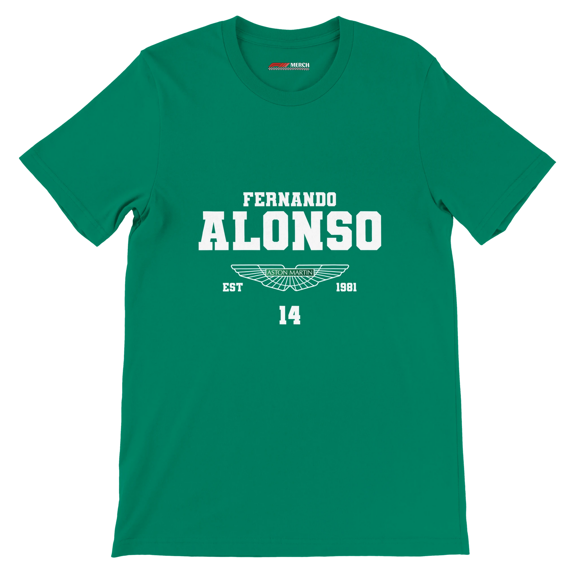 f111 merch kelly color t-shirt with fernando-alonso branding.