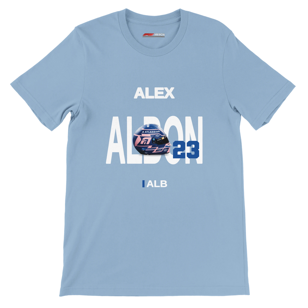 f111 merch light-blue color t-shirt with albon branding.