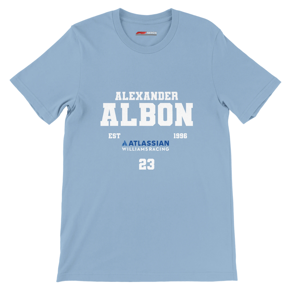 f111 merch light-blue color t-shirt with alex-albon branding.