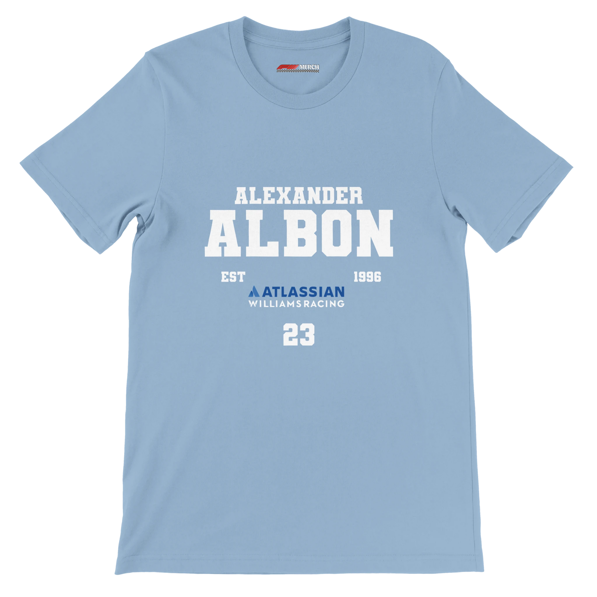 f111 merch light-blue color t-shirt with alex-albon branding.