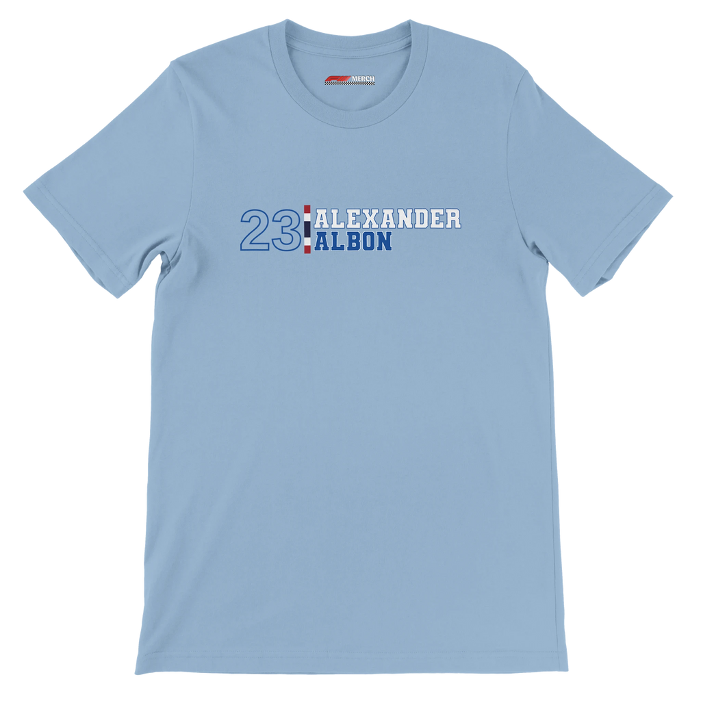 f111 merch light-blue color t-shirt with alex-albon branding.