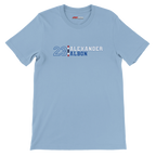 f111 merch light-blue color t-shirt with alex-albon branding.