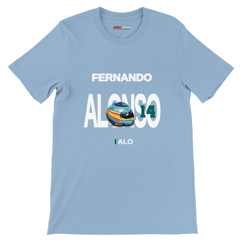 f111 merch light-blue color t-shirt with alonso branding.