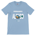 f111 merch light-blue color t-shirt with alonso branding.