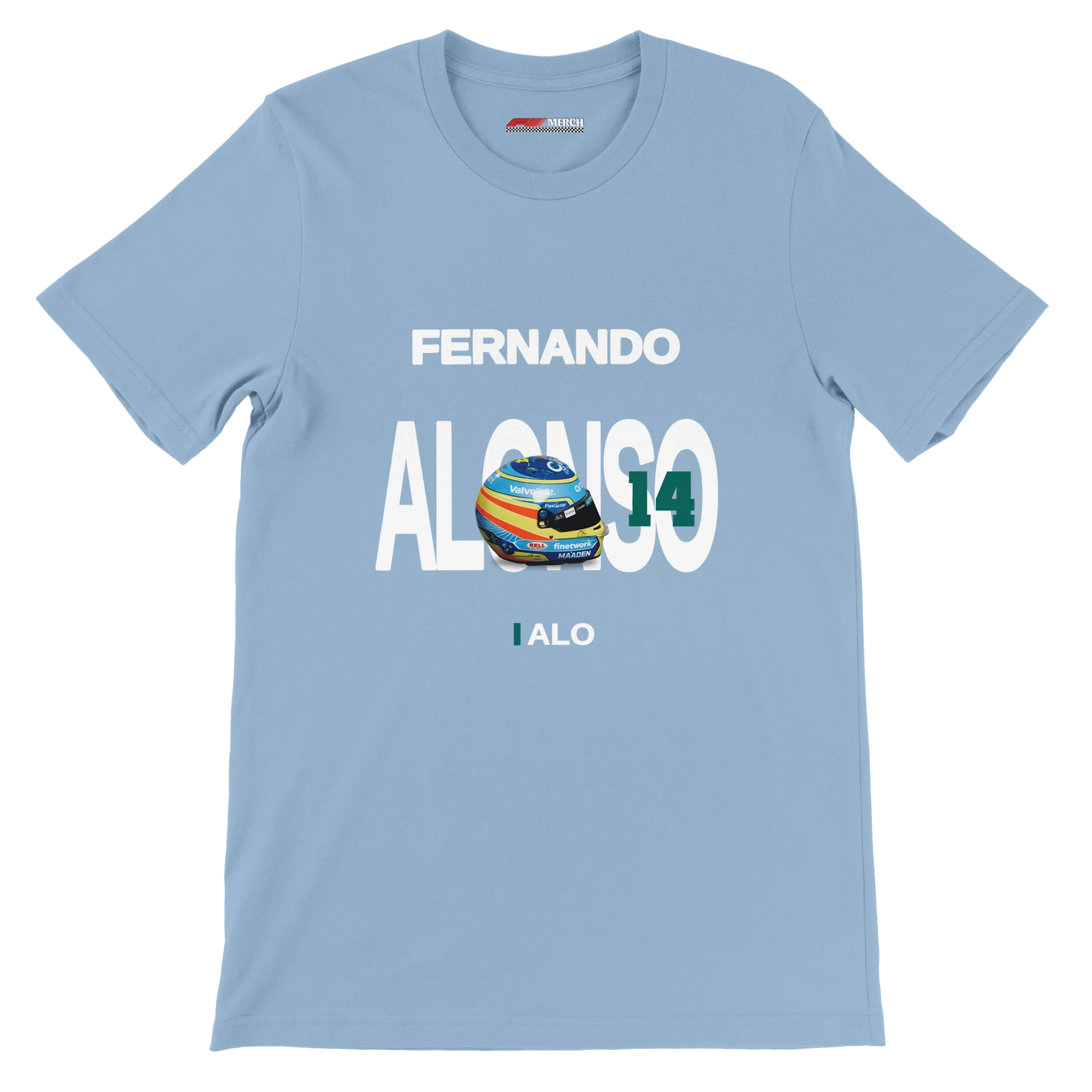 f111 merch light-blue color t-shirt with alonso branding.