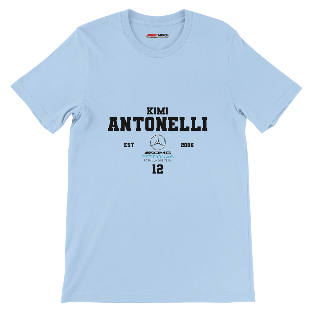 f111 merch light-blue color t-shirt with antonelli branding.