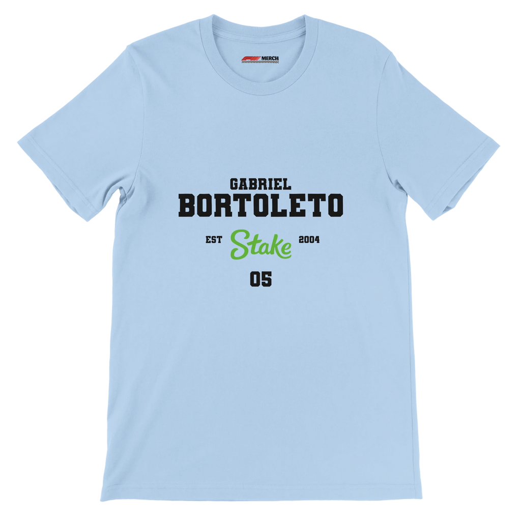 f111 merch light-blue color t-shirt with bortoleto branding.