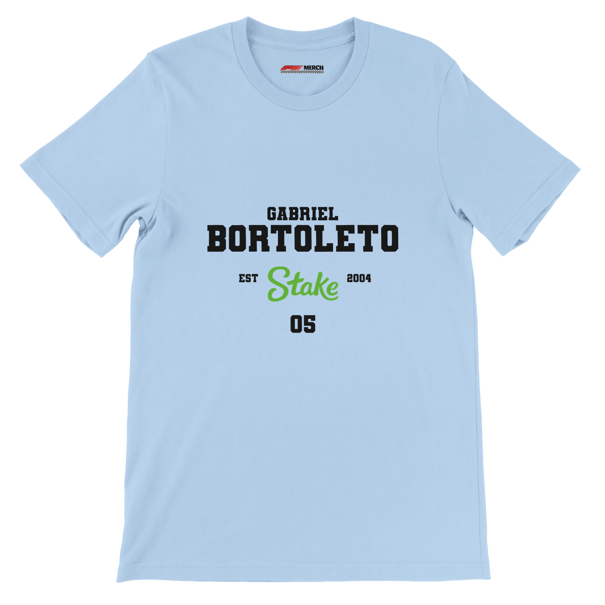 f111 merch light-blue color t-shirt with bortoleto branding.