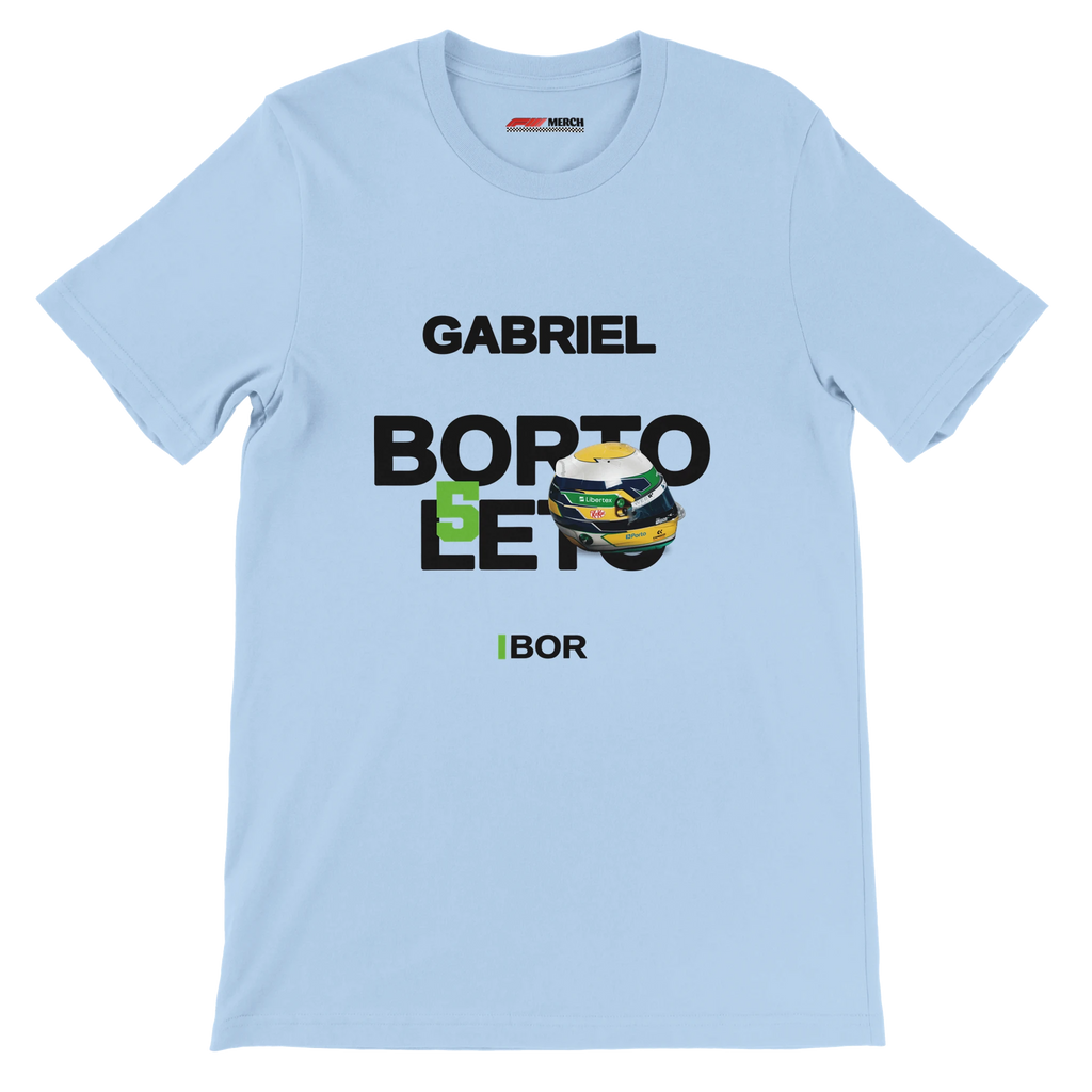 f111 merch light-blue color t-shirt with bortoleto branding.