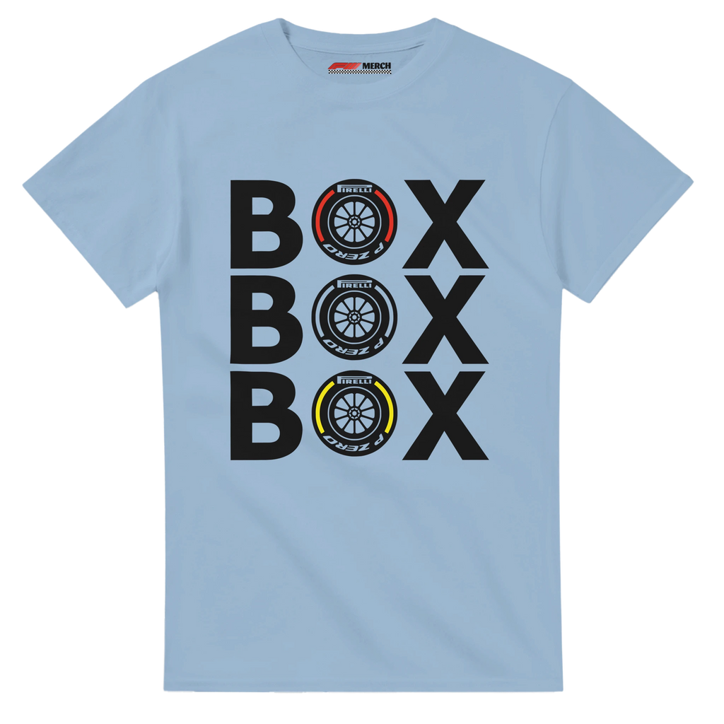 f111 merch light-blue color t-shirt with box-box-box branding.