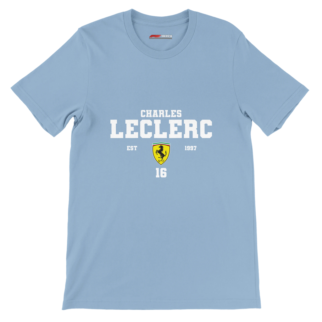 f111 merch light-blue color t-shirt with charles-leclerc branding.
